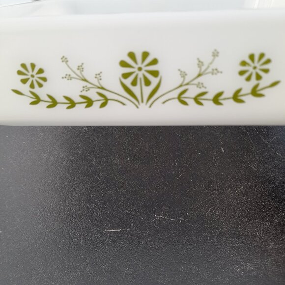 Glasbake milk glass rectangular Pan  8 x 8 x 2 inches with Green Daisy Pattern - Picture 2 of 5